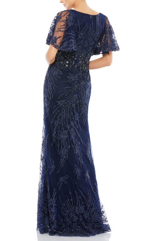 Mac Duggal Embellished Illusion Butterfly Sleeve A-line Gown In Midnight