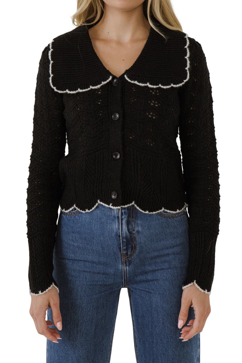 Scallop Pointelle Cardigan, Main, color, BLACK