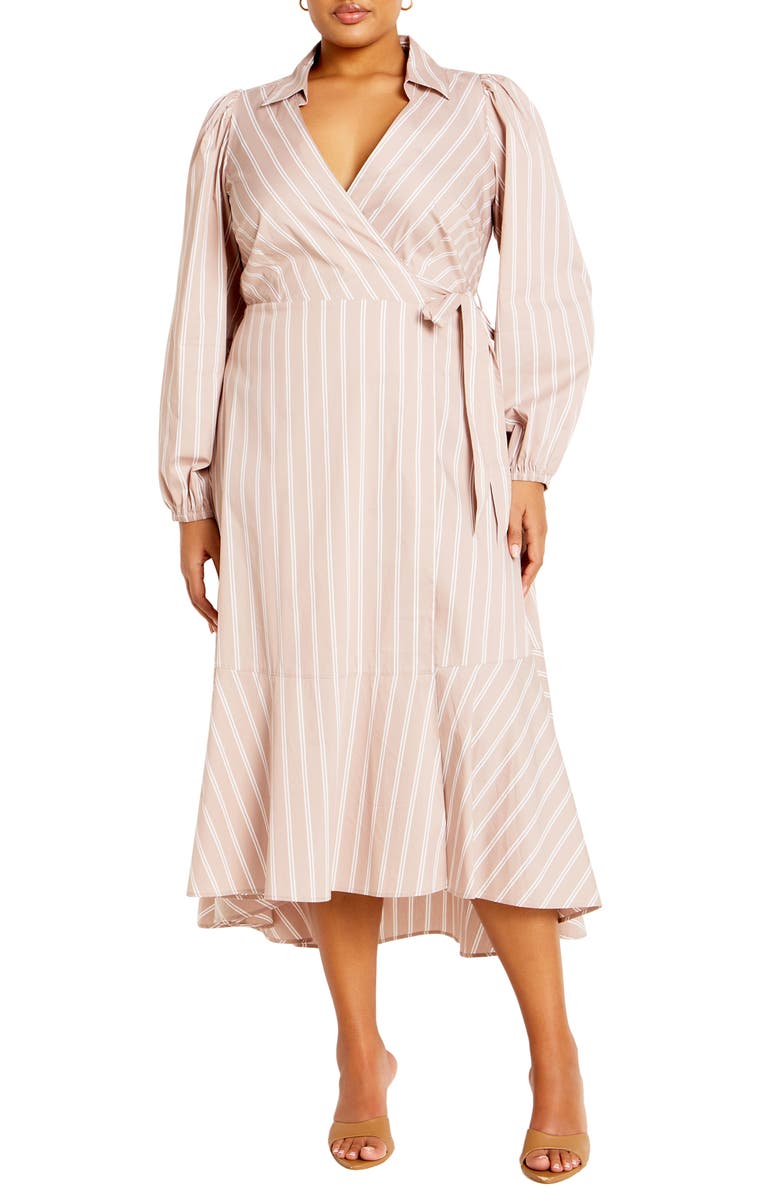 City Chic Selena Long Sleeve Cotton Blend Wrap Dress, Main, color, 