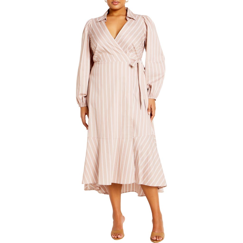 City Chic Brynn Stripe Faux Wrap High Low Dress In Brown