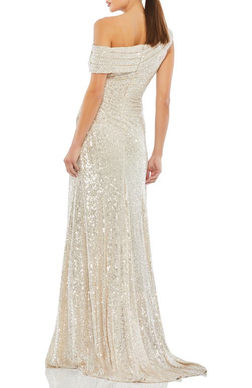 Mac Duggal Off-the-shoulder Beaded Side Shirred Gown In Nude