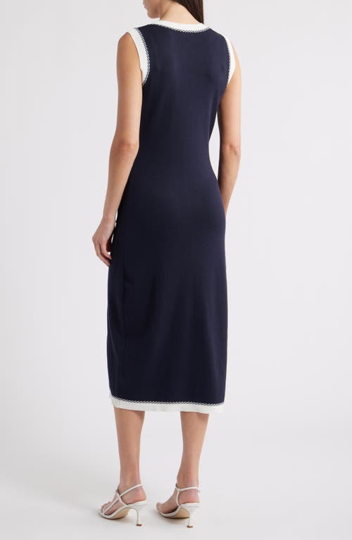 Zoe And Claire Contrast Piping Sleeveless Button-up Sweater Dress In Blue
