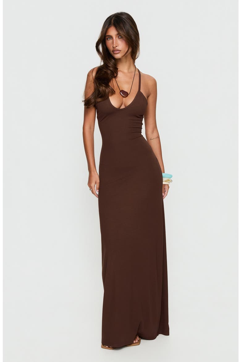 Pasita Halter Tie Up Maxi Dress, Alternate, color, CHOCOLATE