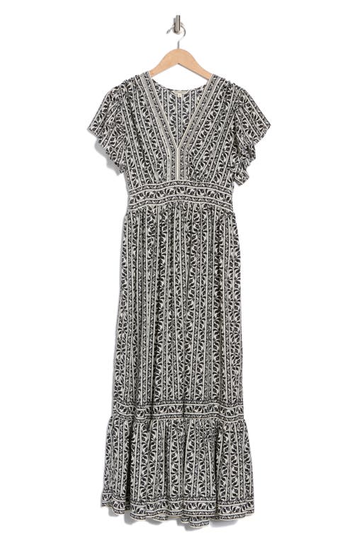 Max Studio Flutter Sleeve Floral Tiered Maxi Dress In Cream/black Linear Vines
