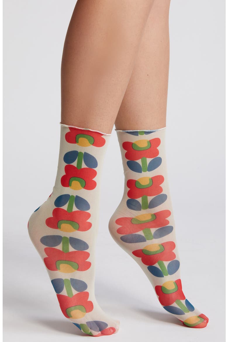 Retro Floral Mesh Socks, Main, color, WHITE MULTI