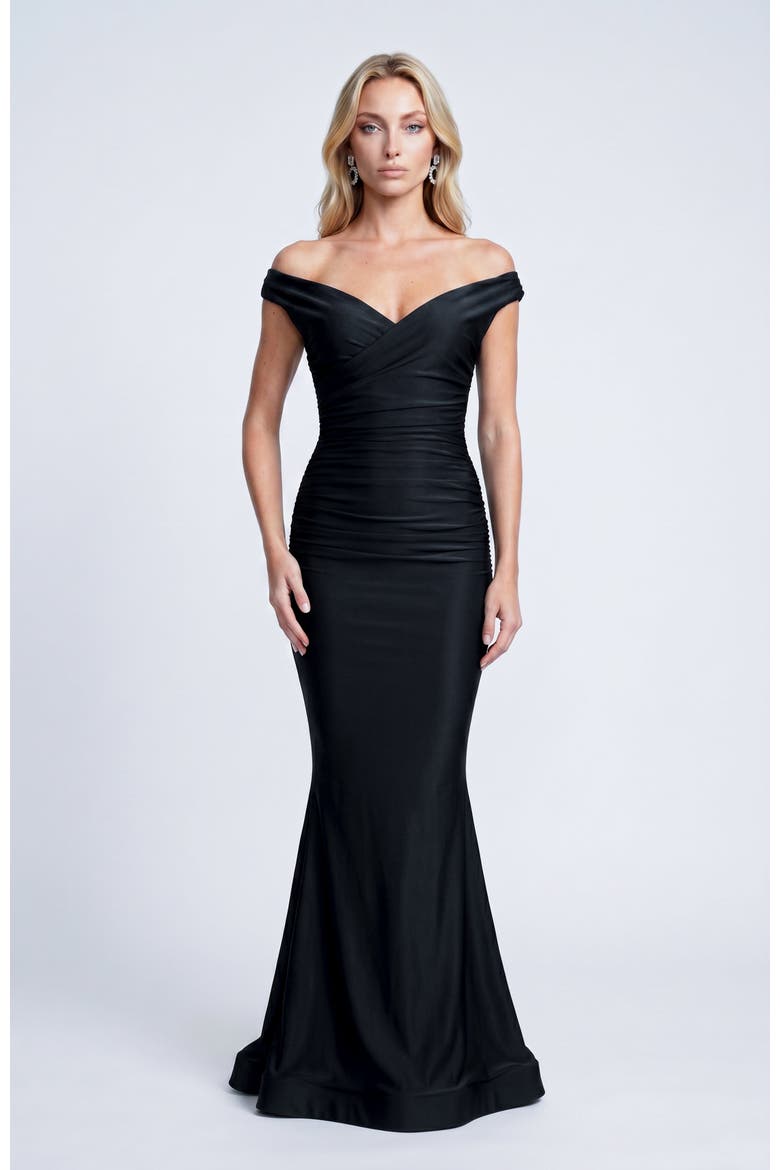 Ruched Off The Shoulder Flared Gown, Alternate, color, Black