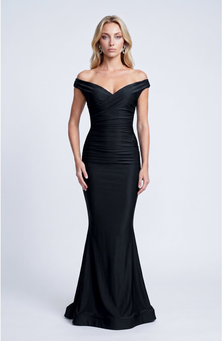 Jessica Angel Ruched Off TheShoulder Flared Gown, Alternate, color, Black