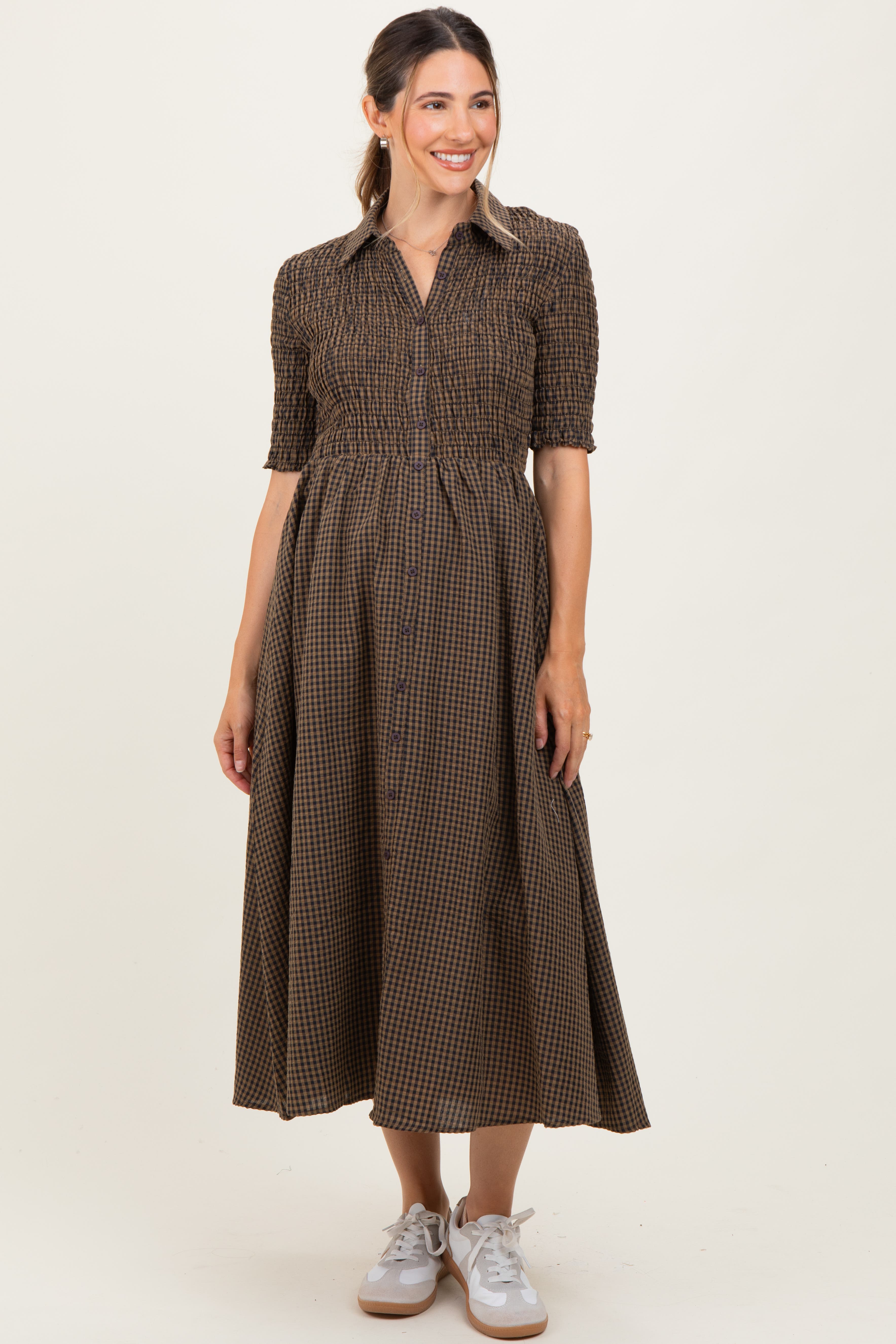 Pinkblush Gingham Smocked Button Down Midi Dress In Brown