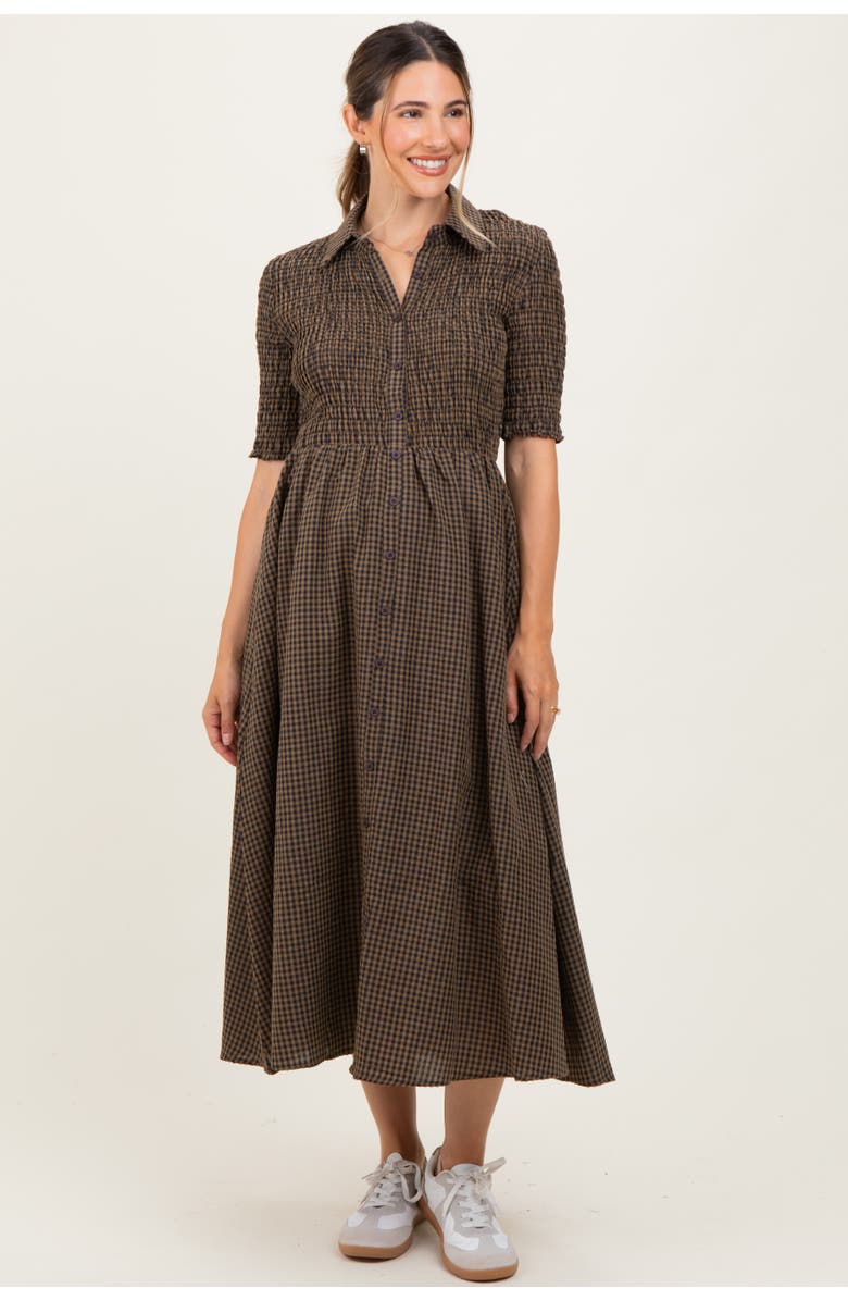 PinkBlush Gingham Smocked Button Down Midi Dress, Main, color, Brown
