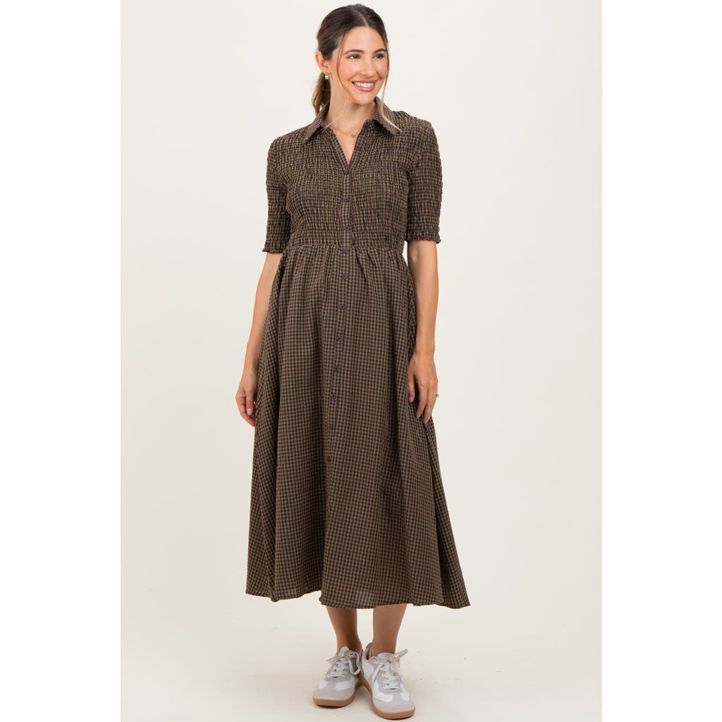 Pinkblush Gingham Smocked Button Down Midi Dress In Brown