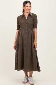 PinkBlush Gingham Smocked Button Down Midi Dress