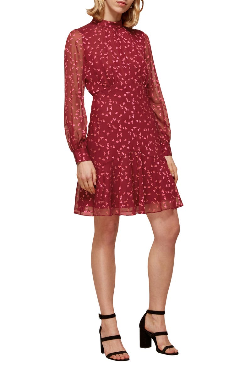 Falling Leaves Long Sleeve Silk Blend Dress, Main, color, BURGUNDY