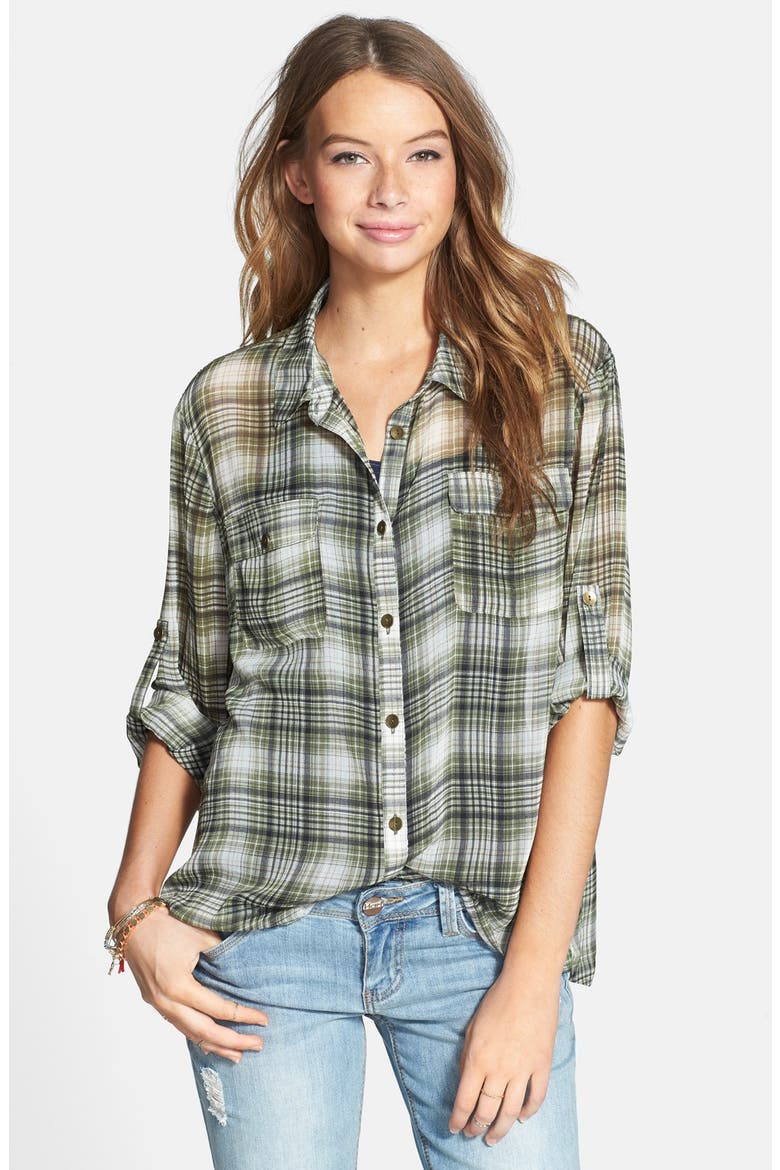 Plaid Crochet Back Yoke Chiffon Shirt, Main, color, IVORY/ GREEN