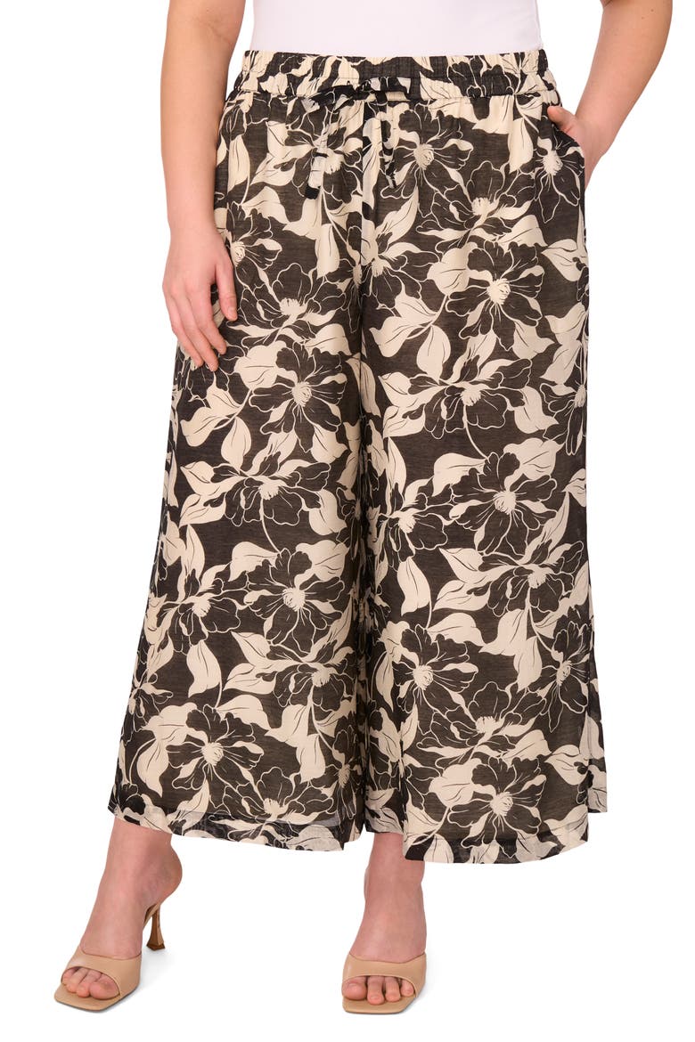 Floral Wide Leg Ankle Pants, Main, color, RICH BLACK