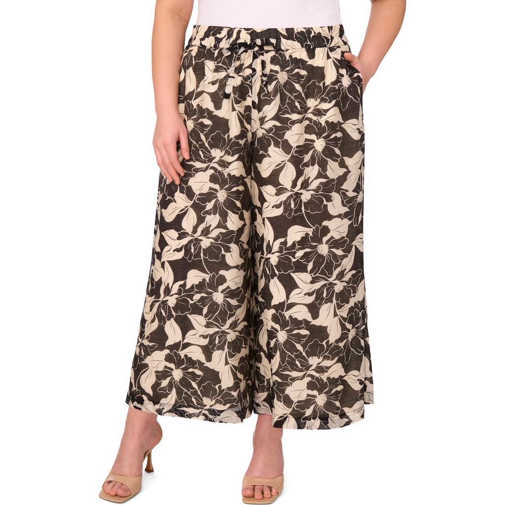 Shop Vince Camuto Floral Wide Leg Ankle Pants In Rich Black