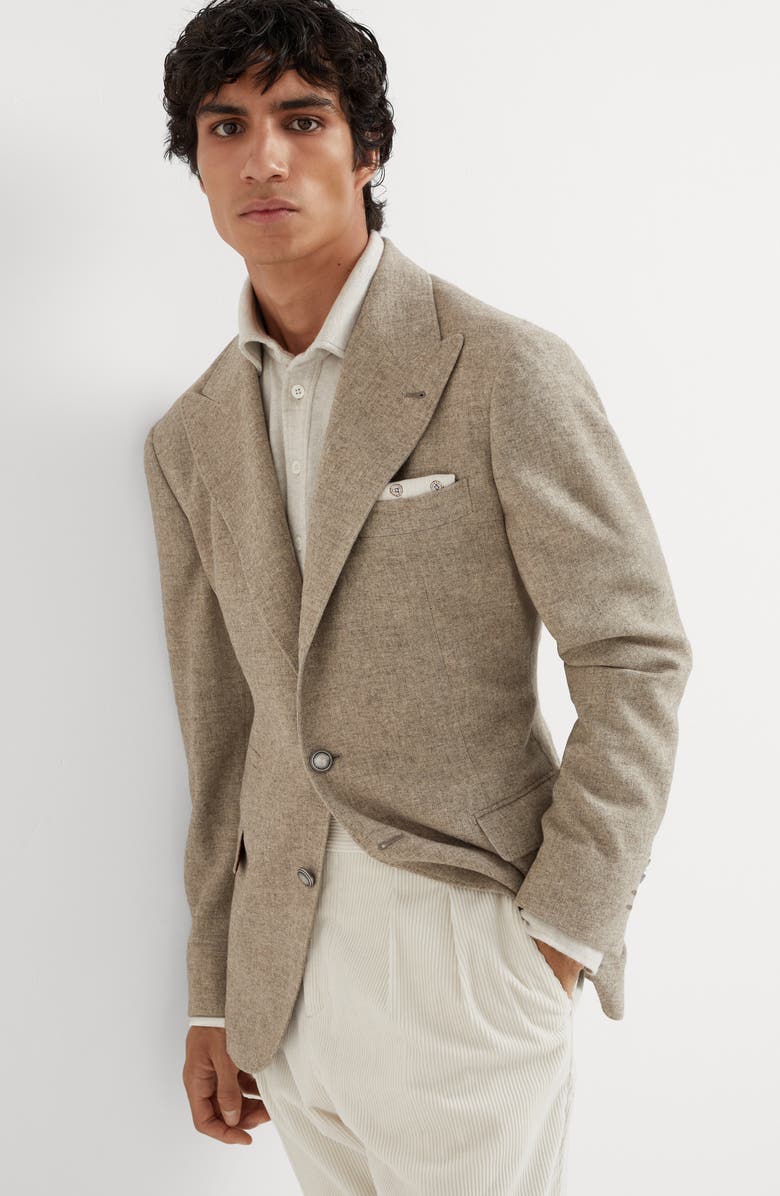 Brunello Cucinelli Yak deconstructed blazer with large peak lapels and metal buttons, Alternate, color, 