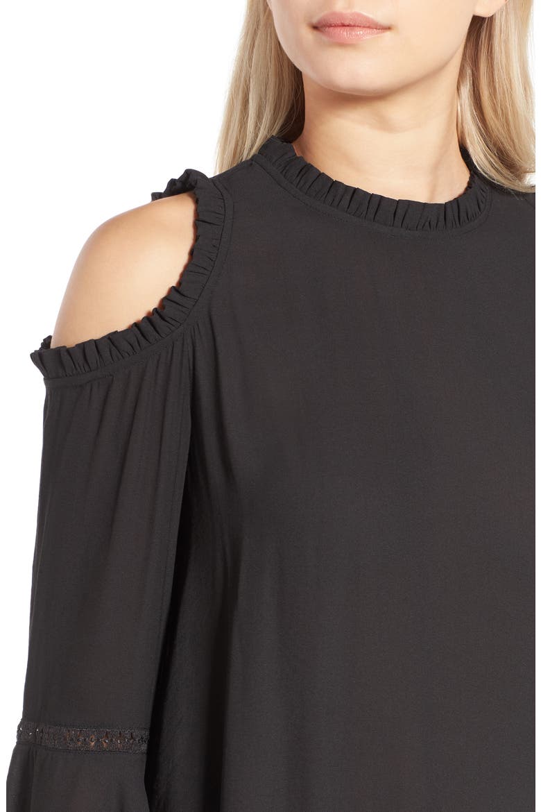 Ruffle Edge Cold Shoulder Blouse, Alternate, color, BLACK