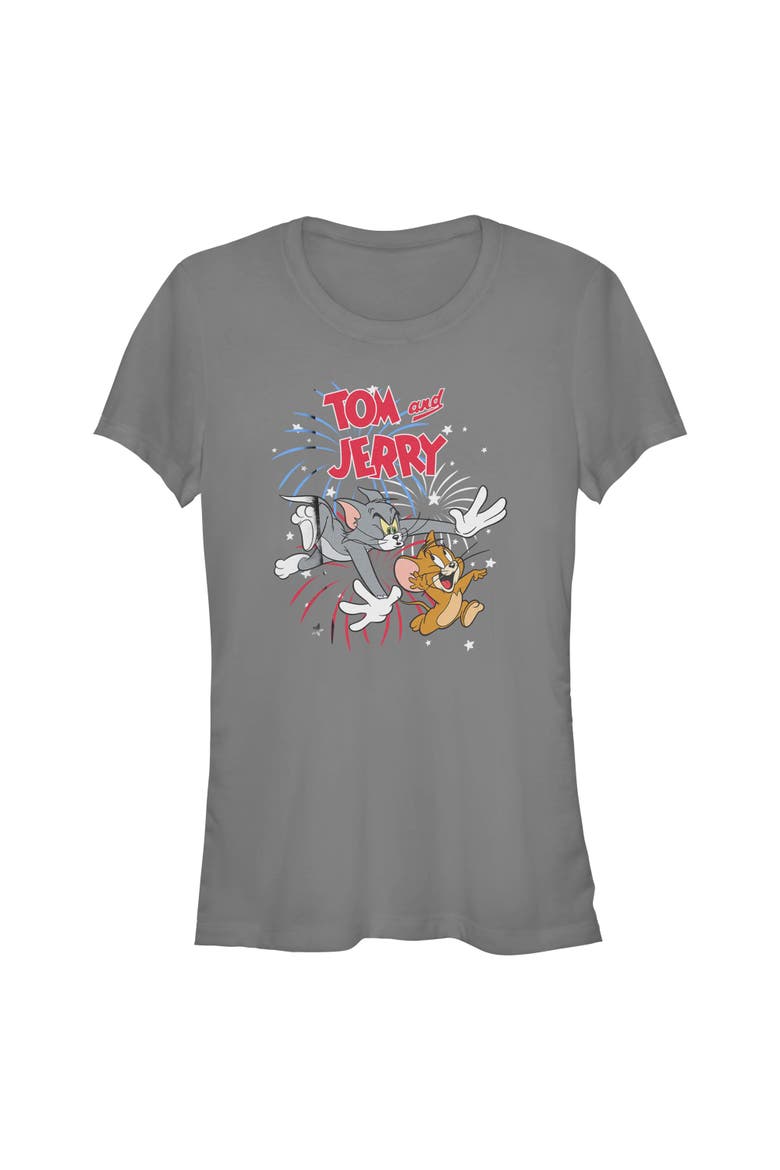 Juniors Tom and Jerry Fireworks Celebration Duo T Shirt, Main, color, Charcoal