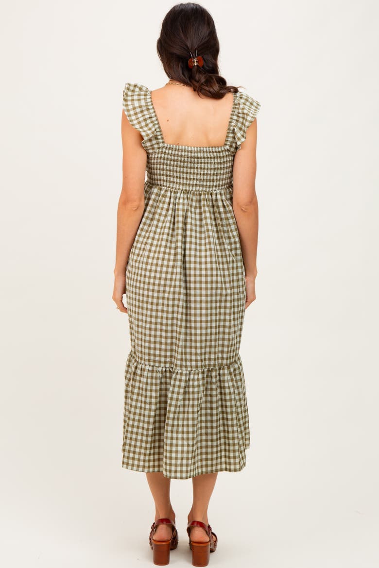 Gingham Ruffle Strap Midi Dress, Alternate, color, Olive Green