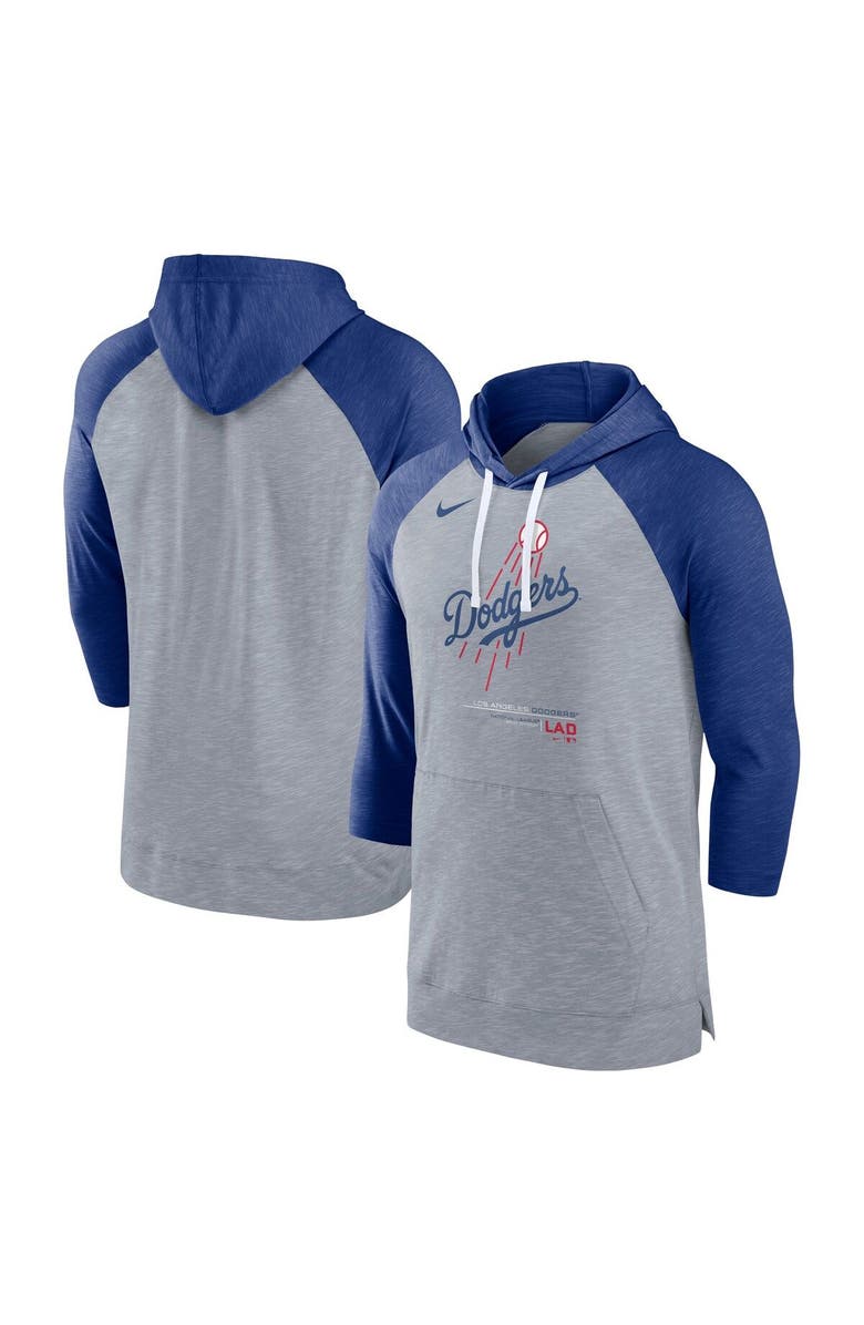 Nike Men's Nike Heather Gray/Heather Royal Los Angeles Dodgers Baseball Raglan 3/4-Sleeve Pullover Hoodie, Main, color, 
