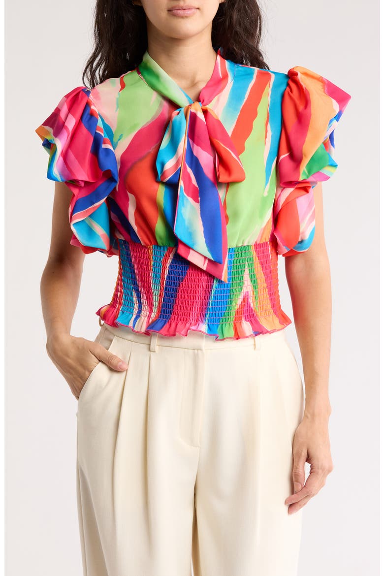 Dorothy Tie Neck Flutter Sleeve Crop Top, Main, color, COLOR MY WORLD