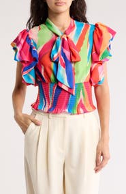 BY DESIGN Dorothy Tie Neck Flutter Sleeve Crop Top