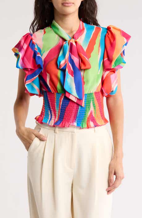 BY DESIGN Dorothy Tie Neck Flutter Sleeve Crop Top
