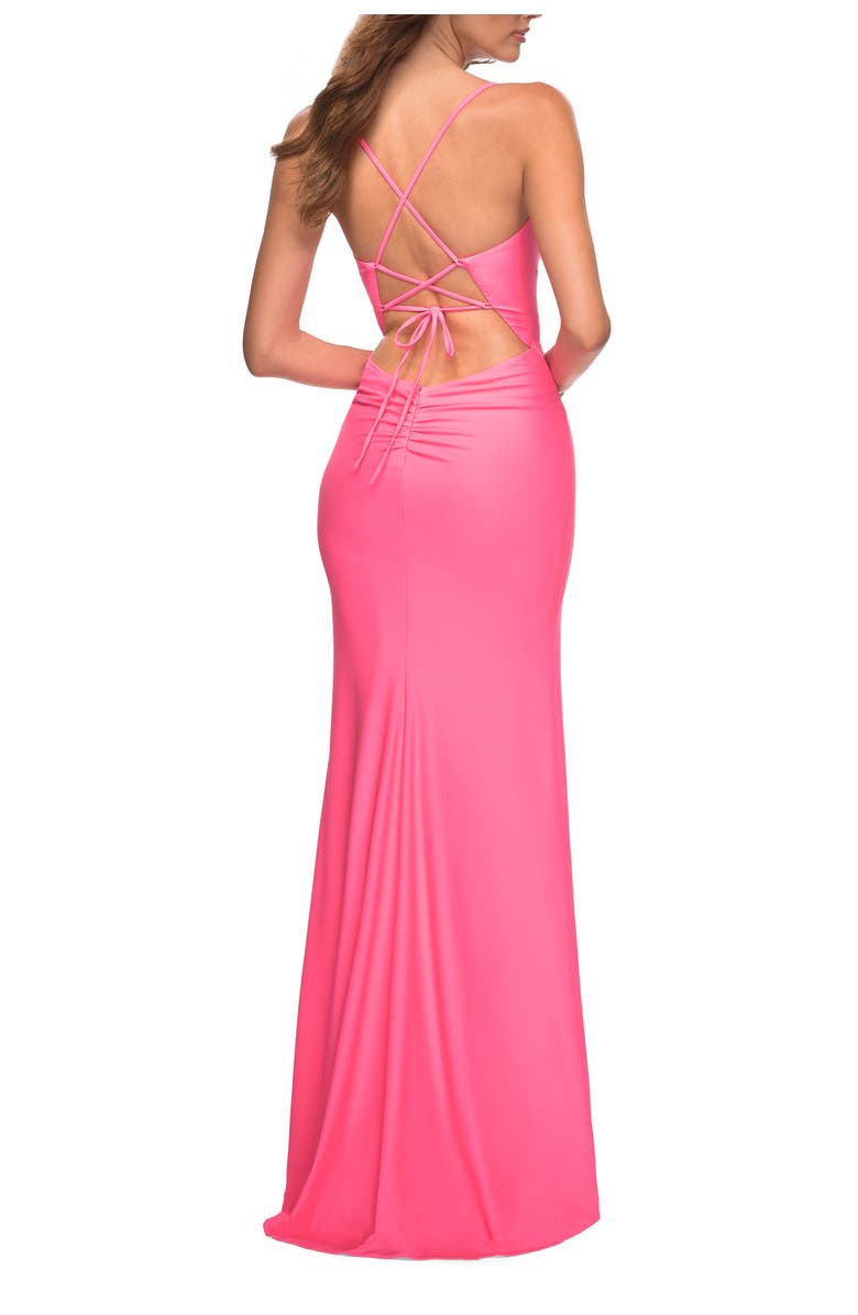 La Femme Neon Long Prom Dress in Luxurious Jersey with Slit, Alternate, color, Light Coral
