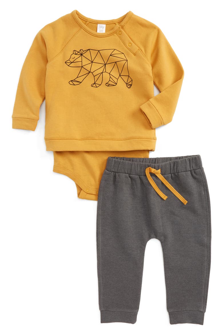 Graphic Print Bodysuit & Jogger Pants, Main, color, YELLOW SPRUCE BEAR