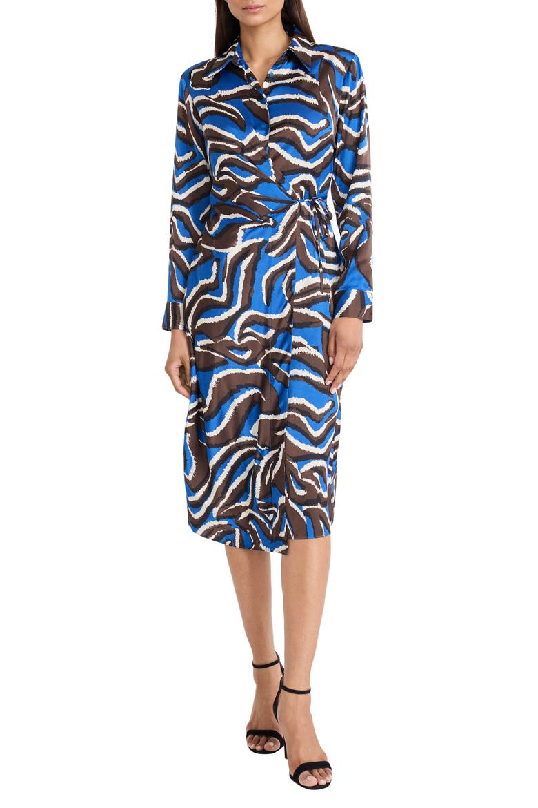 Long Sleeve Wrap Shirtdress, Main, color, BLUE/ BROWN
