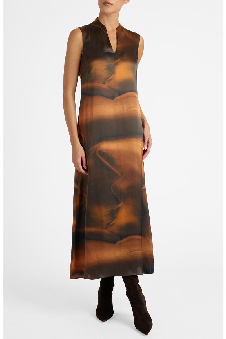 Nicole Sleeveless Midi Shift Dress in Printed Silk Charmeuse, Main, color, BLACK HAZELWOOD