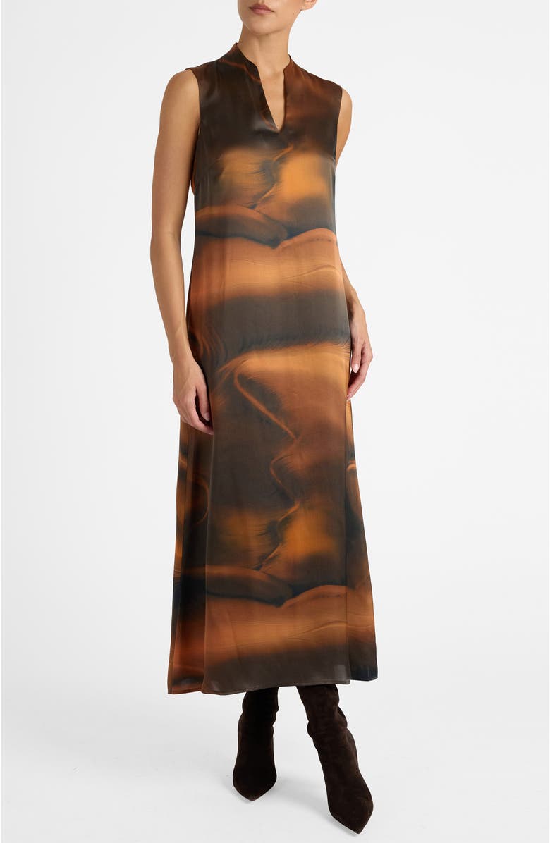 Santorelli Nicole Sleeveless Midi Shift Dress in Printed Silk Charmeuse, Main, color, Black Hazelwood