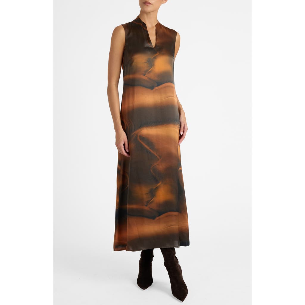 Santorelli Nicole Sleeveless Midi Shift Dress In Printed Silk Charmeuse In Brown