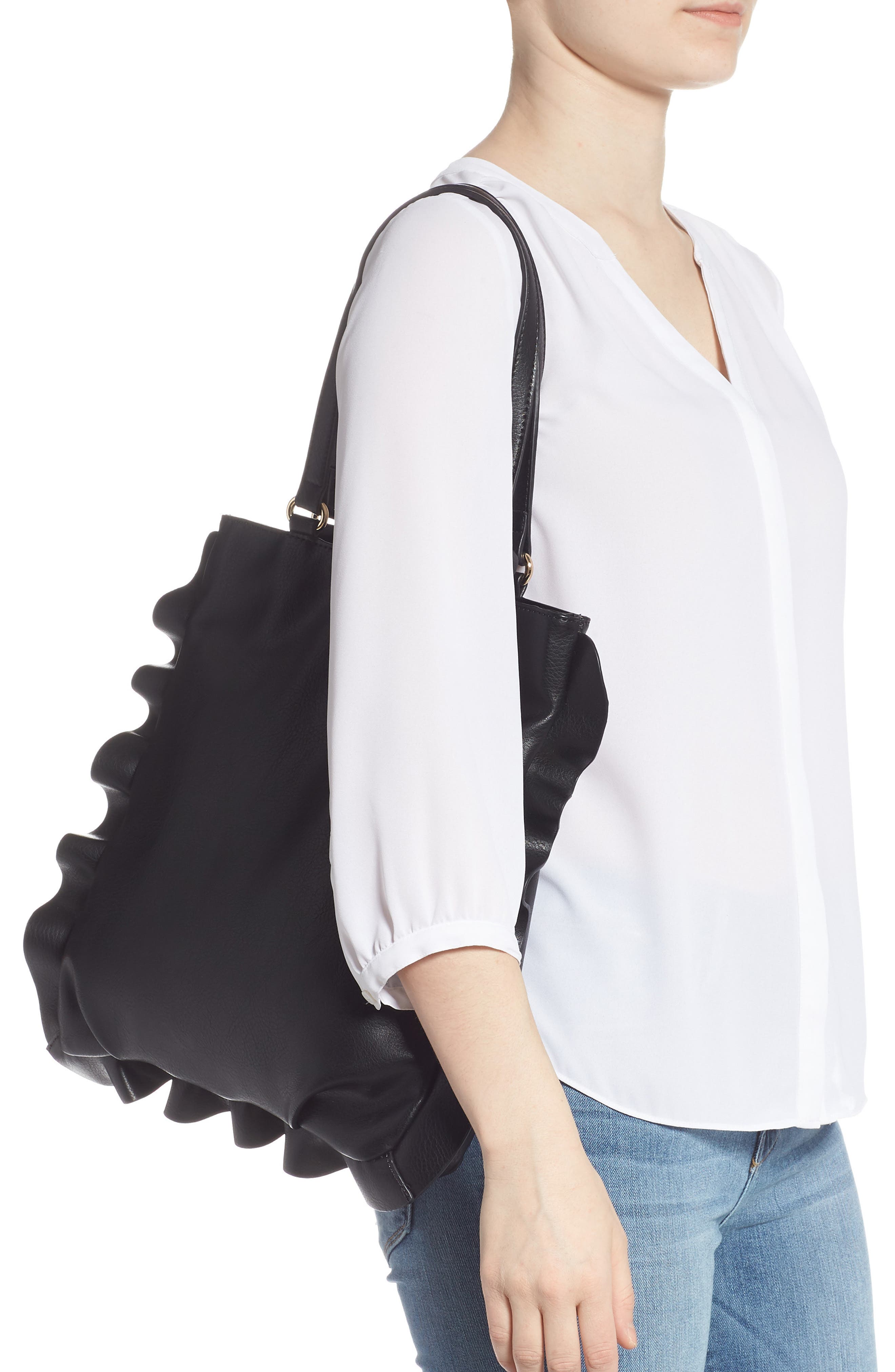 Arwen Ruffle Trim Faux Leather Tote, Alternate, color, BLACK