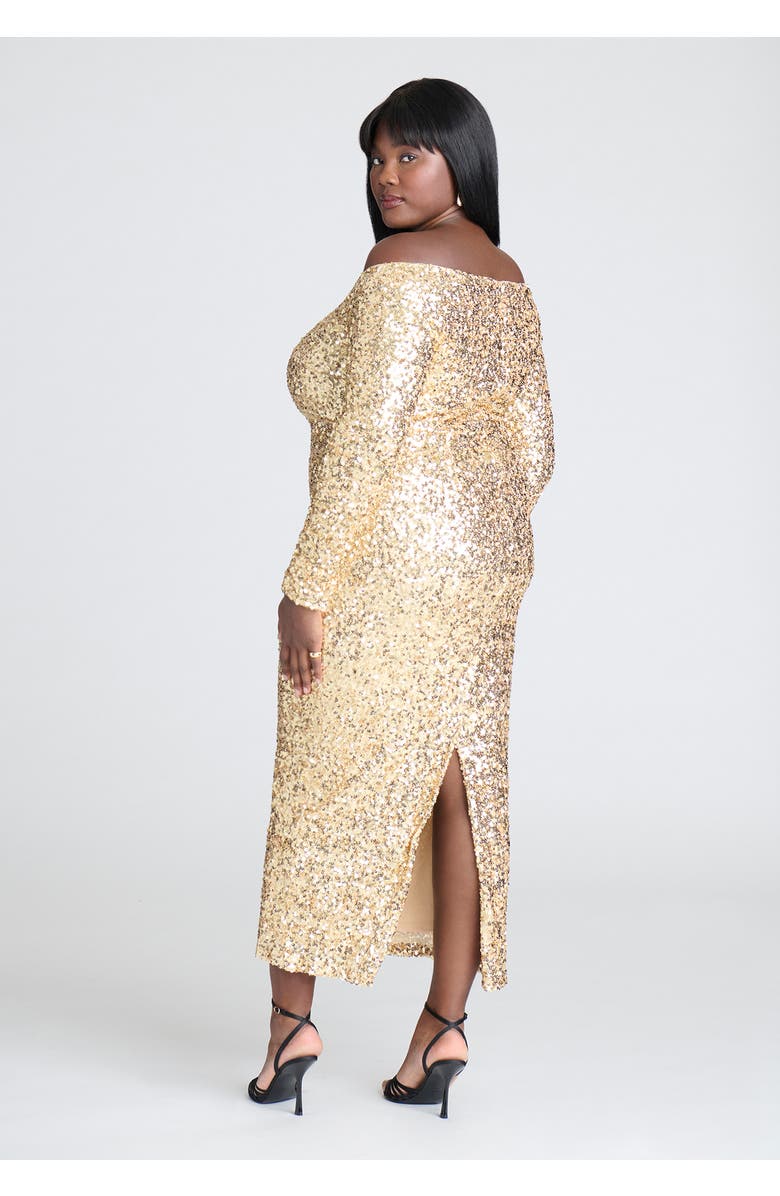 ELOQUII Off The Shoulder Sequin Column Dress, Alternate, color, Gold