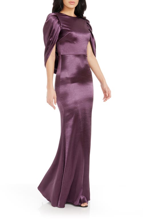 Dress The Population Adina Cape Sleeve Satin Trumpet Gown In Midnight Plum