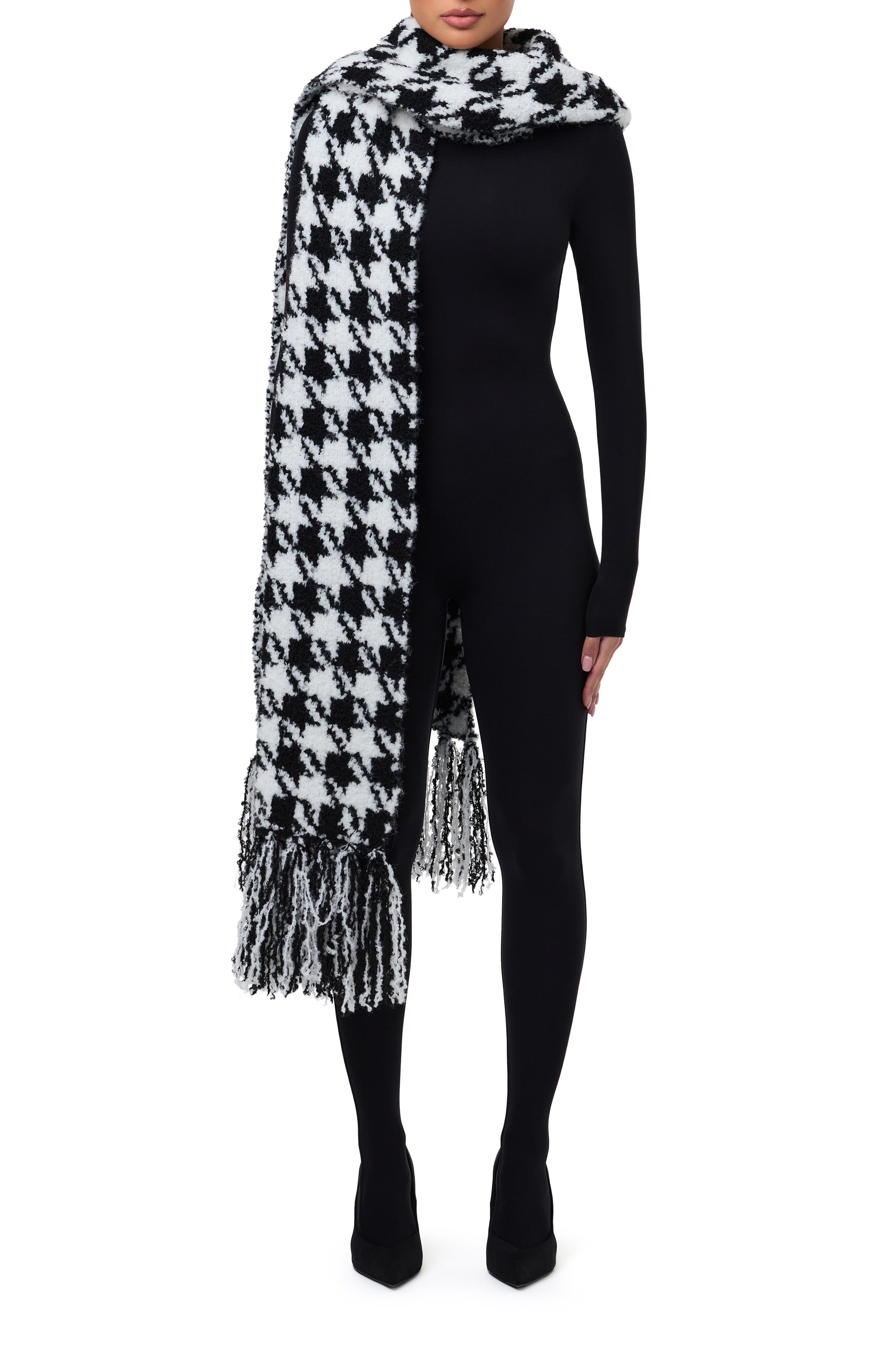Naked Wardrobe Houndstooth Check Bouclé Fringe Scarf