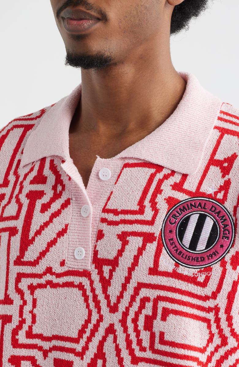CRIMINAL DAMAGE Logo Jacquard Polo Sweater, Alternate, color, Pink