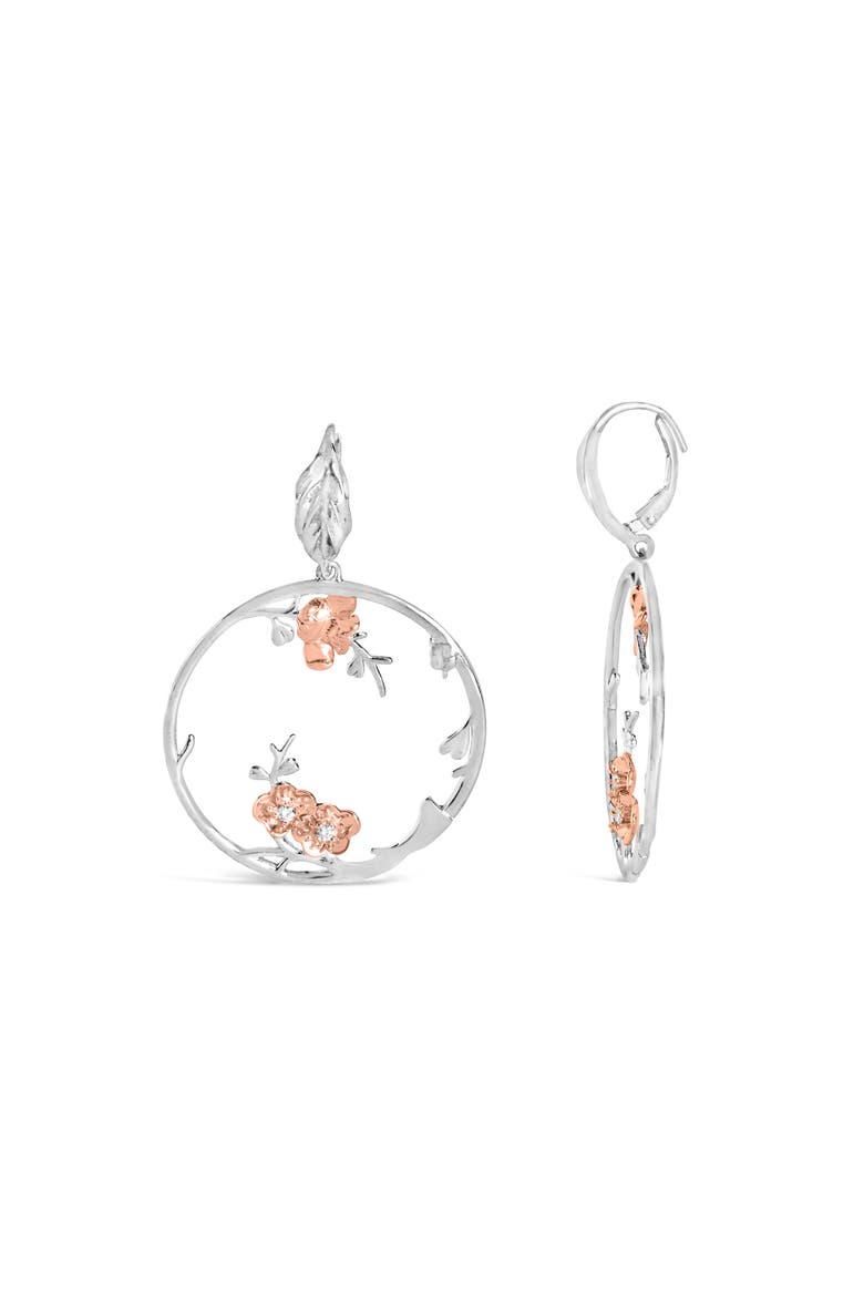 Rose Gold Plated Silver 1/10 Ct Diamond Floral Hoop Earrings, Alternate, color, White