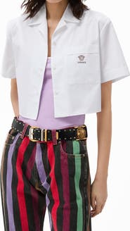 Versace Medusa Embroidered Cotton Poplin Crop Camp Shirt