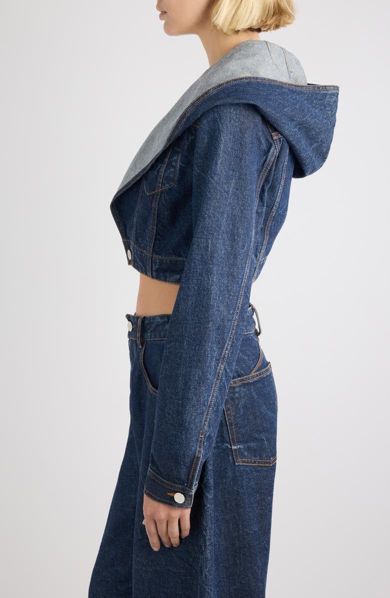 Alaïa Hooded Crop Denim Jacket, Alternate, color, Dock Blue
