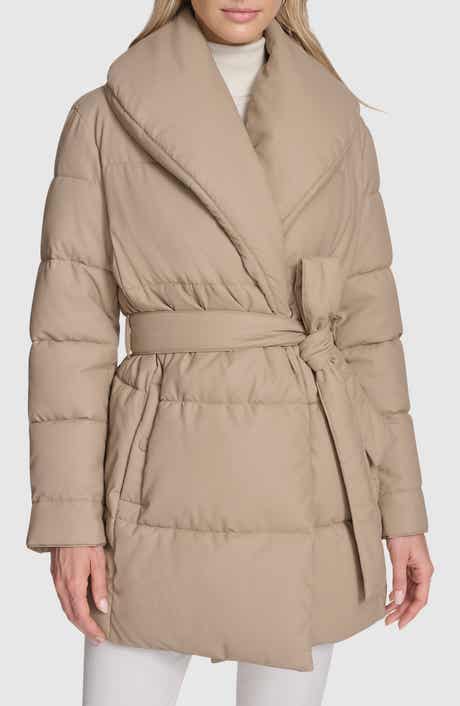 Andrew Marc Adela Faux Leather Shawl Collar Quilted Wrap Coat