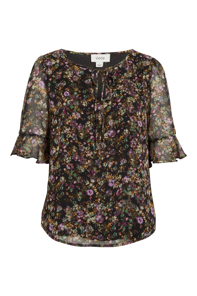 Floral Split Neck Top, Alternate, color, RICH BLACK