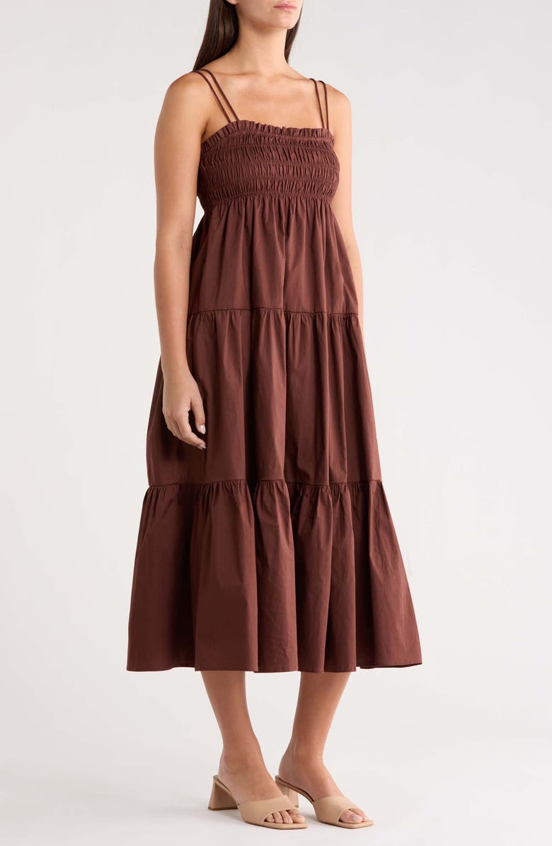 SUGARLIPS Gennie Smocked Tiered Cotton Midi Dress, Alternate, color, Brown