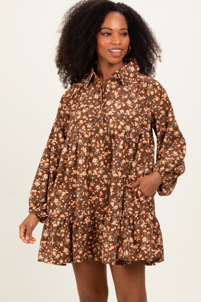 Floral Print Shirring Half Buttoned Shirt Dress, Main, color, Brown
