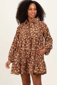 PinkBlush Floral Print Shirring Half Buttoned Shirt Dress