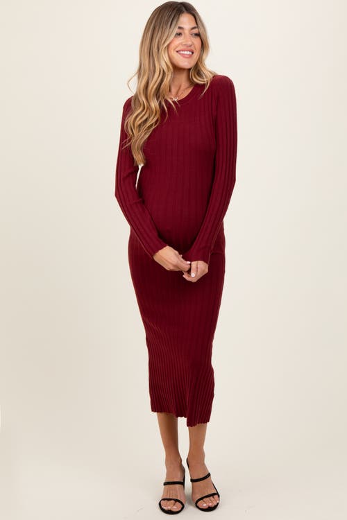 Pinkblush Ribbed Knit Fitted Midi Sweater Dress In Burgundy