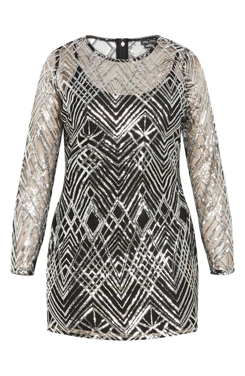 City Chic Braylin Long Sleeve Sequin Minidress, Alternate, color, Silver Geometric