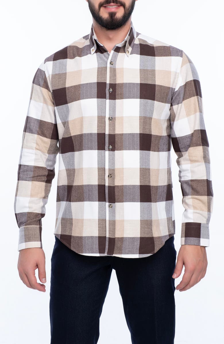 VELLAPAIS Plaid Brushed Cotton Slim Fit Button Down Shirt, Main, color, 