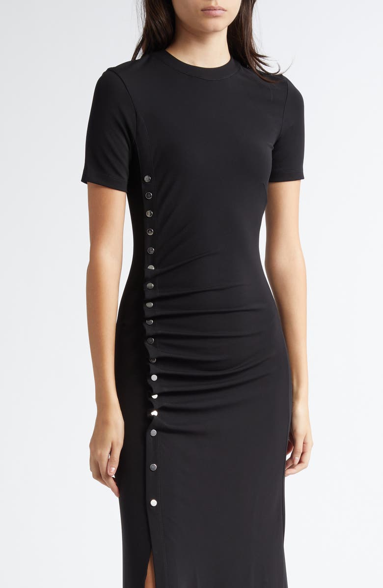 Rabanne Drapé Pression Short Sleeve Maxi Dress, Alternate, color, Black